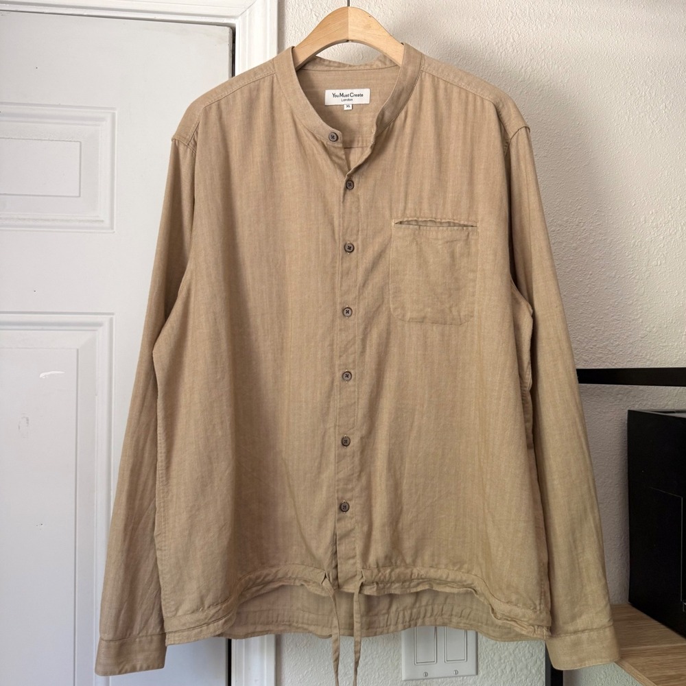 YMC you must create London tan men's long sleeve cotton button up shirt